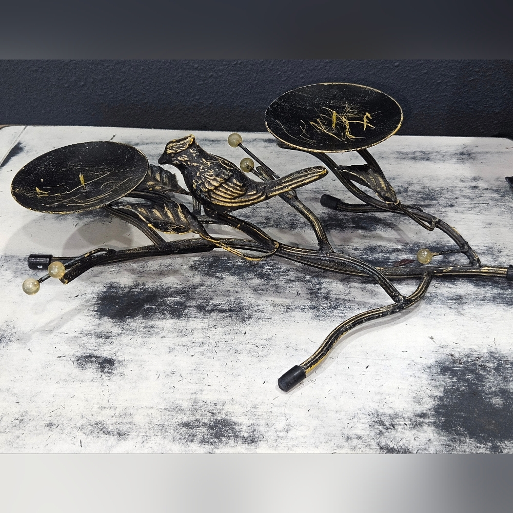 Rustic Pillar Candle Holder Bird On Branch Heavy Solid Metal Beautiful A+ 14"